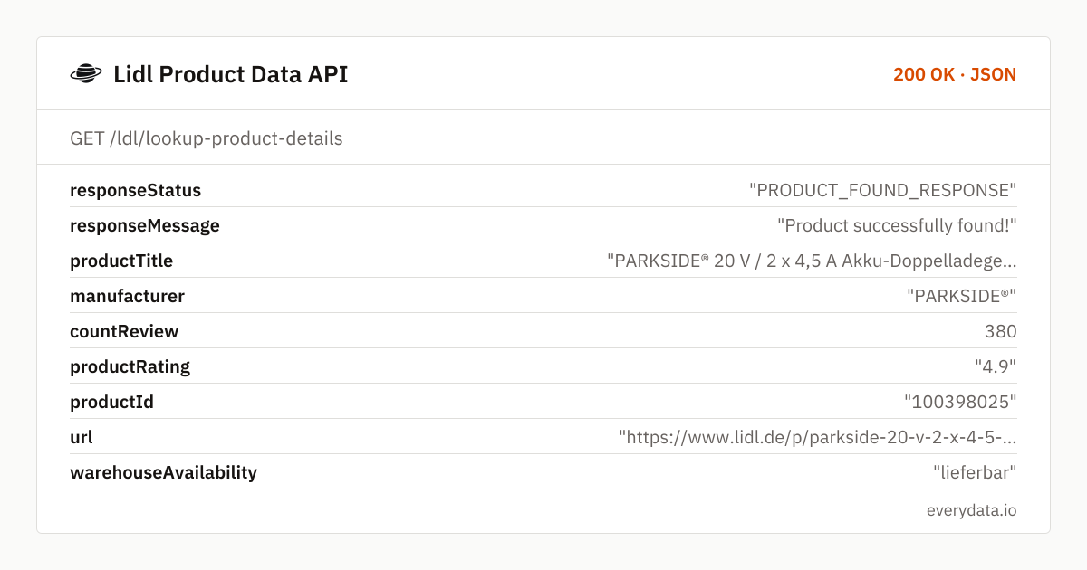 API dati prodotti Lidl: campi della risposta di esempio di /ldl/lookup-product-details